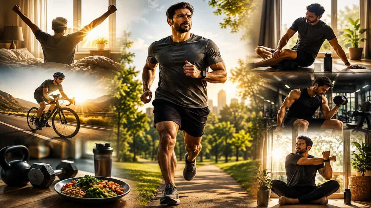 How to Make Exercise a Natural Part of Your Daily Life A fit man runs confidently along a sunlit park trail while surrounded by scenes of healthy daily routines, including morning stretching, strength training, cycling, mobility exercises, meditation, and nutritious eating. Fitness equipment, a healthy meal, and warm golden sunlight reinforce the idea of making exercise a natural and enjoyable part of everyday life, promoting long-term health, energy, and wellbeing.