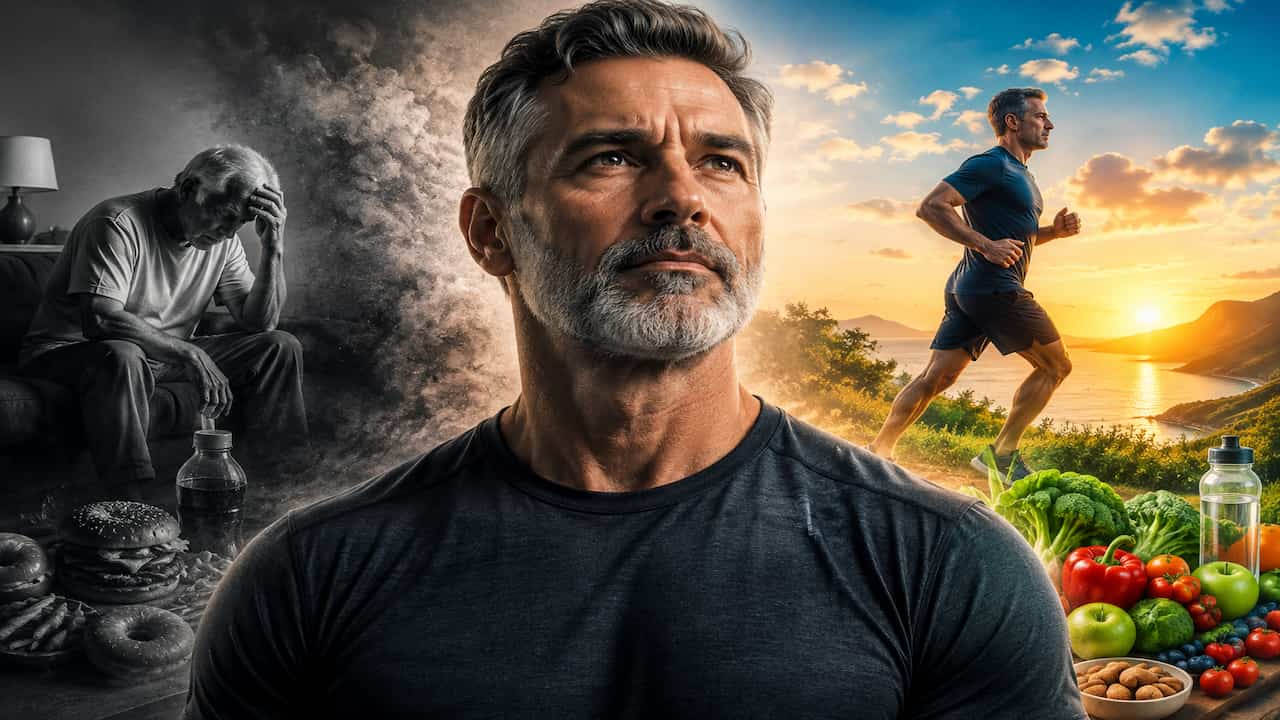 You Don’t Die of Old Age: How Diet and Exercise Can Help You Build a Stronger, Longer Life A cinematic split-image showing an older man surrounded by unhealthy food and inactivity on one side, and a fit man running at sunrise beside fresh fruits and vegetables on the other, representing how diet and exercise can support strength, vitality, and healthy ageing.