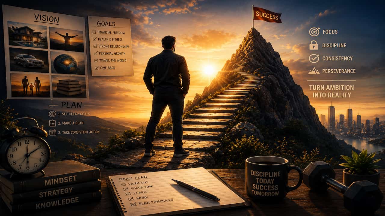 10 Powerful Strategies to Turn Your Goals Into Reality Motivational illustration representing goal achievement, focus, planning, discipline and turning ambitious goals into reality.
