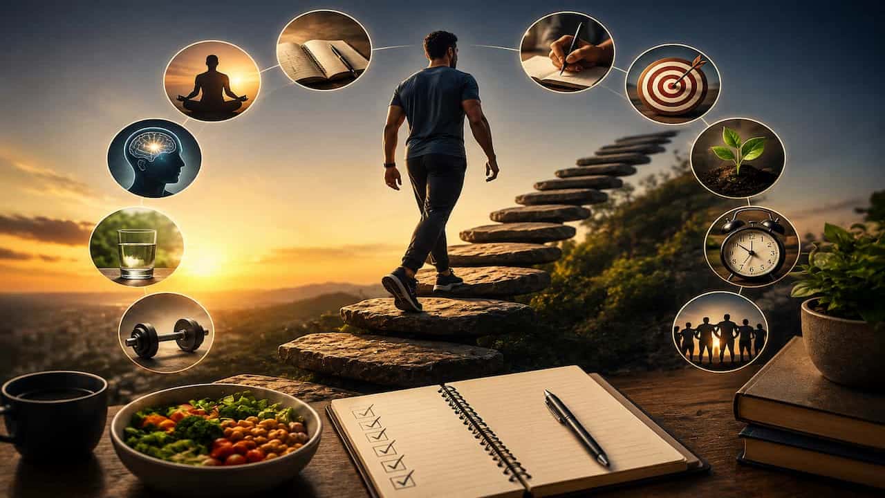 10 Simple Strategies to Build Better Habits and Create Lasting Change A determined man climbs a series of floating stone steps toward a glowing sunrise, symbolizing personal growth and lasting change. Surrounding him are visual icons representing healthy habits, including exercise, hydration, meditation, journaling, goal setting, time management, learning, nutrition, mental wellness, and supportive relationships. In the foreground, a healthy meal, planner, books, coffee mug, and potted plant reinforce the themes of discipline, consistency, and daily routines in a dramatic, inspirational landscape.