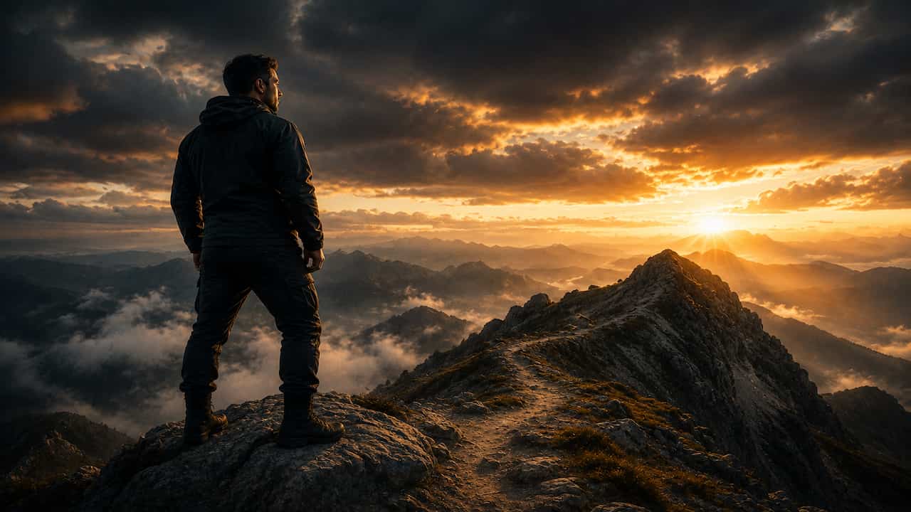 15 Daily Habits That Build Mental Toughness Create a powerful, cinematic image of a confident man in his early 30s standing alone on a rugged mountain summit at sunrise. He should have an athletic but realistic physique and wear modern dark outdoor clothing. His posture should communicate discipline, resilience, calm strength and determination. The scene should include dramatic mountain landscapes, subtle mist, powerful sunlight breaking through dark clouds and a clear path leading toward the summit. The mood should be inspiring, masculine, focused and emotionally powerful. Use a premium editorial style with realistic details, cinematic lighting and strong visual depth. Do not include any text, words, logos or watermarks.