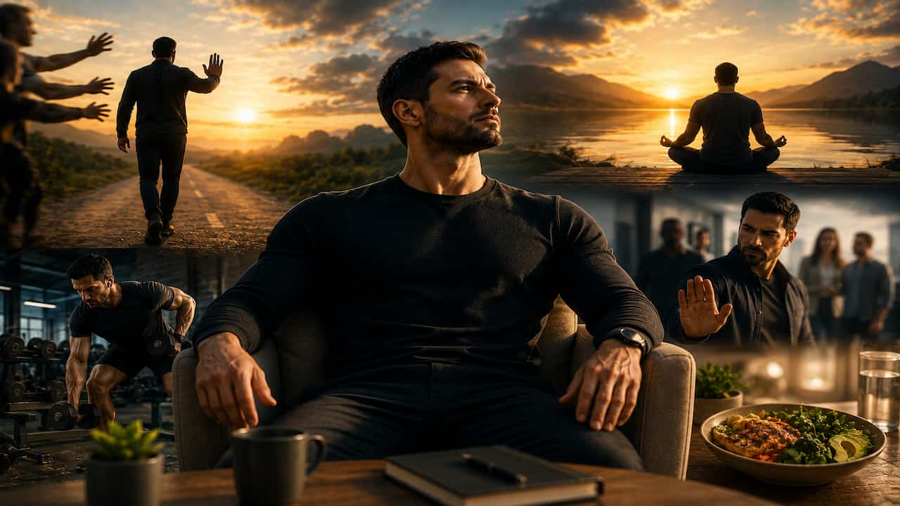 The Unshakable Mindset: Why Your Life Comes First—Always A confident, muscular man sits calmly in a chair with a determined expression, symbolizing an unshakable mindset and unwavering self-belief. Surrounding scenes depict healthy boundaries, strength training, meditation, nutritious eating, and walking away from distractions, illustrating resilience, self-discipline, emotional strength, and personal growth. Warm golden sunlight and dramatic mountain landscapes reinforce the themes of inner confidence, purpose, and making your own wellbeing the foundation for lasting success.