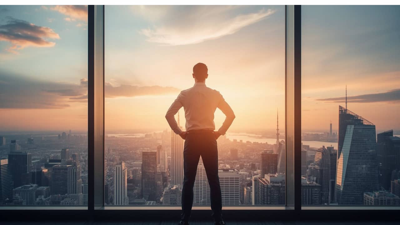 10 Power Habits for Improving Your Professional Life and Achieving Career Success a confident professional man in his early-to-mid 30s standing in a modern office or overlooking a thriving city skyline at sunrise. His posturecommunicates focus, ambition, confidence, discipline, and forward momentum. He should appear successful and purposeful without looking arrogant or overly posed.